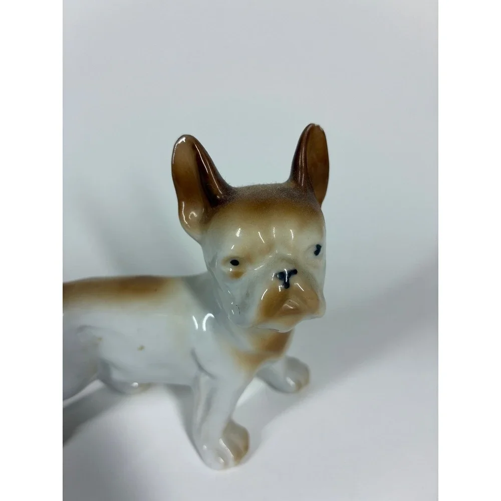 Vintage Japanese Porcelain French Bulldog Figurine White Brown Hand Painted